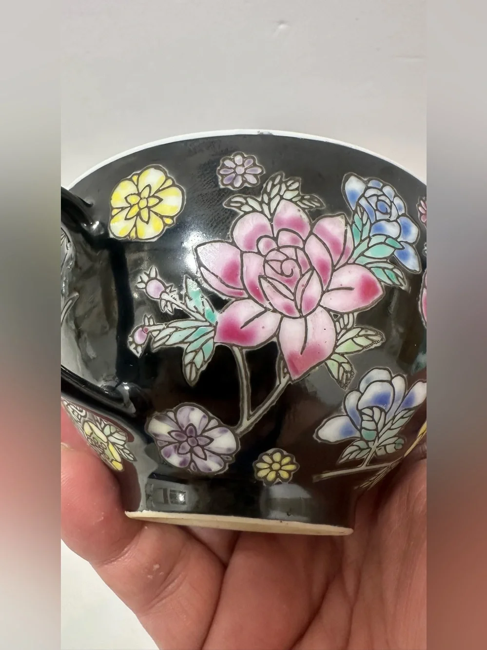 2 Jingdezhen Famille Noire teacup Sets Rose Noire Pink Peonies Black Mille Fleur